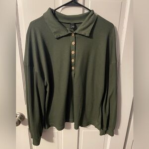 SHEIN Green Ribbed Long Sleeve Polo Shirt